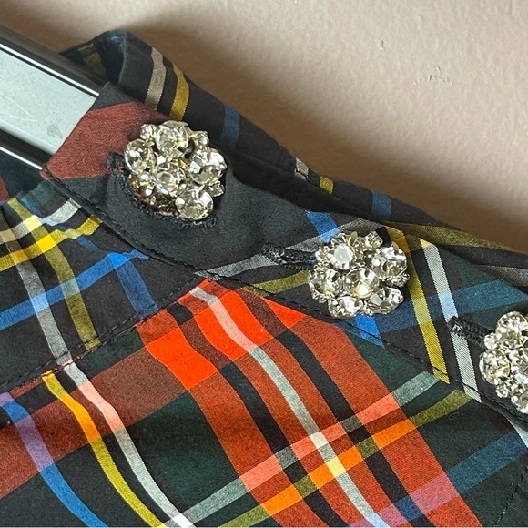 J Crew Jewel Button Tartan Plaid Funnel Top K6797 - Sz 4P - Picture 6 of 12